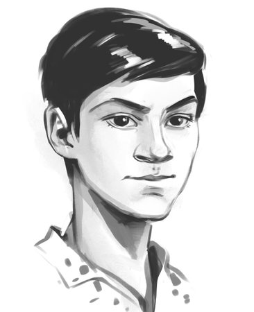 Linear sketch of a portrait of a boy from life. Hand drawingの写真素材