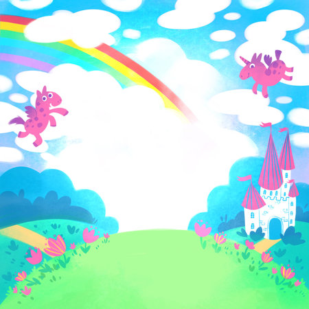 Fairytale background with rainbow princess castle and pony. Design templateの写真素材
