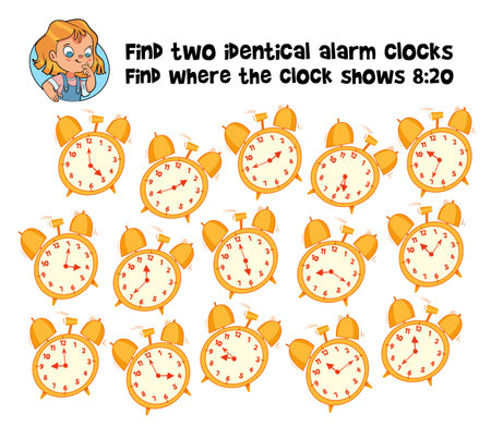 Find two identical alarm clocks. Educational game for childrenのイラスト素材