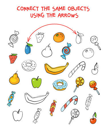 Connect same objects. Fruits and Sweets. Educational game for childrenのイラスト素材