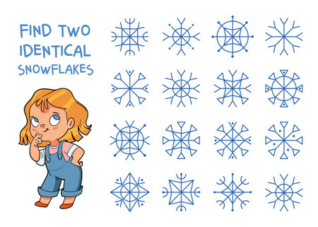 Find two identical snowflakes. Find 2 same objects. Educational game for childrenのイラスト素材