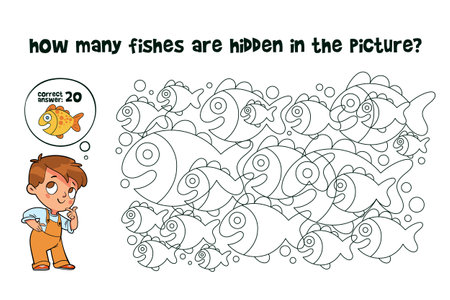 Count how many fishes are hidden in the picture. How many items are in picture. Educational game for childrenのイラスト素材