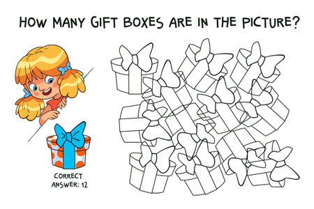 Count how many gift boxes are hidden in the picture. How many items are in picture. Educational game for childrenのイラスト素材
