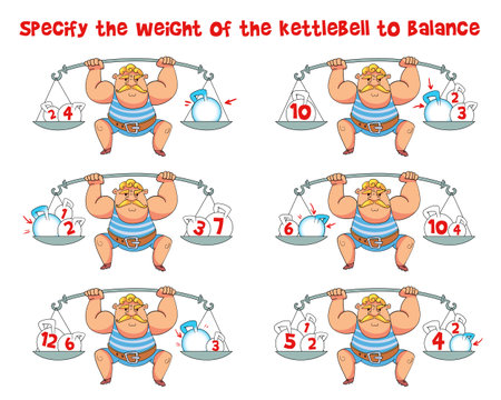 Math puzzle. Specify the weight of the kettlebell to balance. Educational game for childrenのイラスト素材