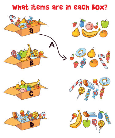ind items from the box. Educational game for childrenのイラスト素材
