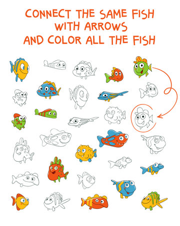 Connect the same fish with the arrows. Matching game. Educational game for children. Coloring bookのイラスト素材
