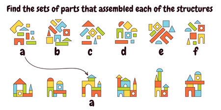 Find the sets of parts that assembled each of the structures. Matching gameのイラスト素材