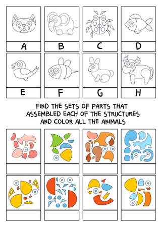 Matching game. Coloring book. Cartoon charactersのイラスト素材