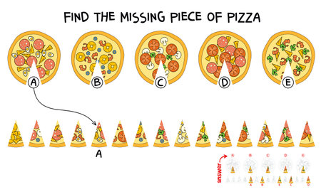Find the missing piece of pizza. Puzzle Hidden Items. Matching game. Educational game for childrenのイラスト素材