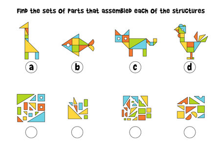 Find the sets of parts that assembled each of the structures. Matching game. Educational game for childrenのイラスト素材