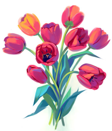 Bouquet of red tulips in bloom. Isolated on white backgroundの写真素材