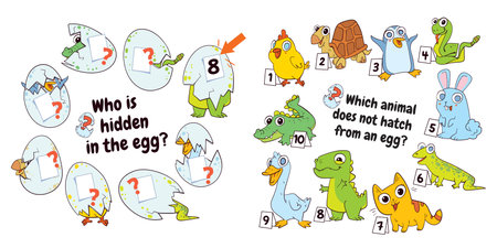 Matching game. Who is hidden in the egg. Which animal does not hatch from an egg.のイラスト素材