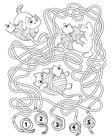 Cat plays with a ball of fur. Children logic game to pass maze. Coloring bookのイラスト素材