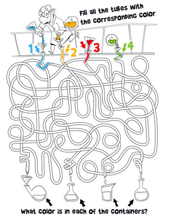 Children logic game to pass maze. Scientist in lab is pouring colorful solution into tubesのイラスト素材
