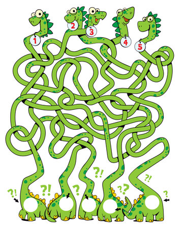 Children logic game to pass the maze. Funny dinosaurs with tangled necksのイラスト素材