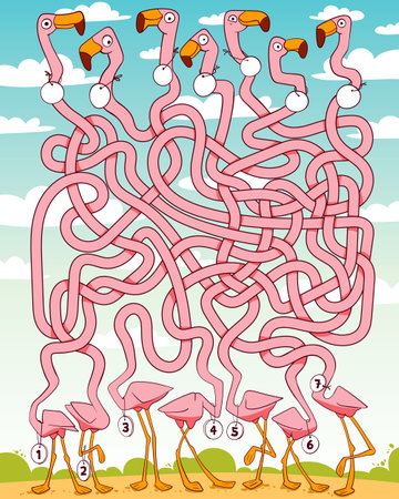 Children logic game to pass the maze. Funny flamingos with long, tangled necksのイラスト素材