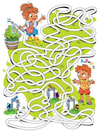 Children logic game to pass the maze. Girl and boy watering flowersのイラスト素材