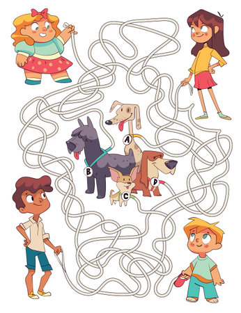 Maze for children. Kids walking their dogs. Educational game for kids. Attention taskのイラスト素材
