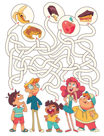 Maze for children. Kids choose their favorite food. Choose right pathのイラスト素材