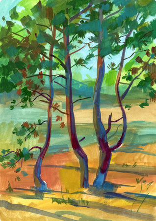 Painted watercolor landscape with a pine tree in the foregroundの写真素材