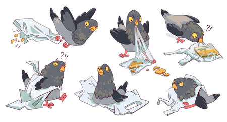 Funny plots with a pigeon and a plastic bag. Animal ecological problem. Cartoon characterのイラスト素材