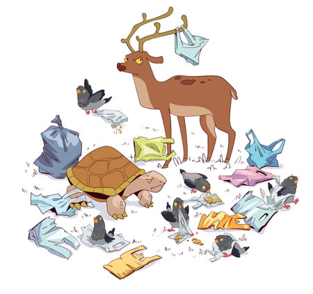 Ecology Problem. Animals are out in the wild in a polluted environmentのイラスト素材