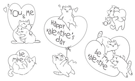 Valentines Day with cute cartoon cats. Black and white characterのイラスト素材