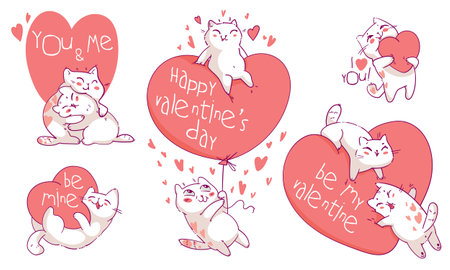 Valentines Day with cute cartoon cats. Greeting card templateのイラスト素材