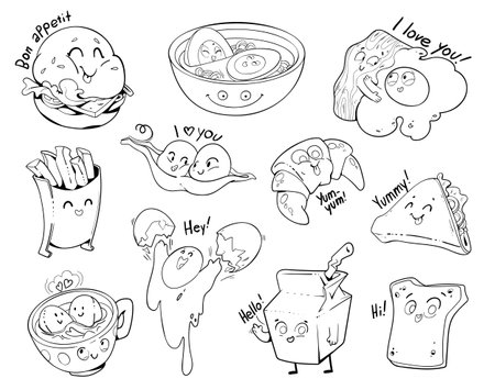 Cute food is drawn in comic style. Black and white cartoon character. Setのイラスト素材