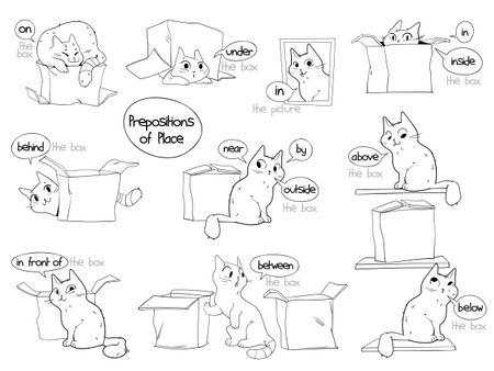 Prepositions of place. English prepositions. Black and white cartoon characterのイラスト素材