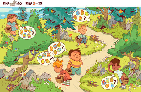Egg Hunt. Find Easter eggs. Find the 10 hidden bunnies in the picture. Puzzle hidden itemsのイラスト素材