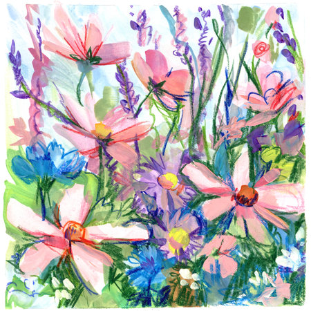 Wildflower meadow. Hand-drawn flowers with paintsの写真素材