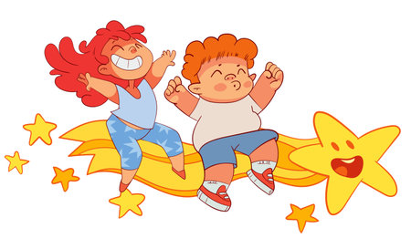 Kids flying on a comet. Colorful cartoon characters. Isolated on white backgroundのイラスト素材