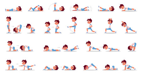 The little boy is exercising. Big set of back exercises. Cartoon charactersのイラスト素材
