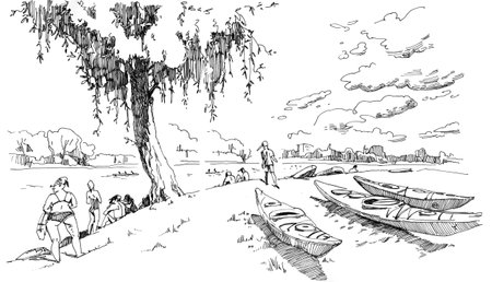 Art-line ink drawing of river beach with boats and resting peoplesの写真素材
