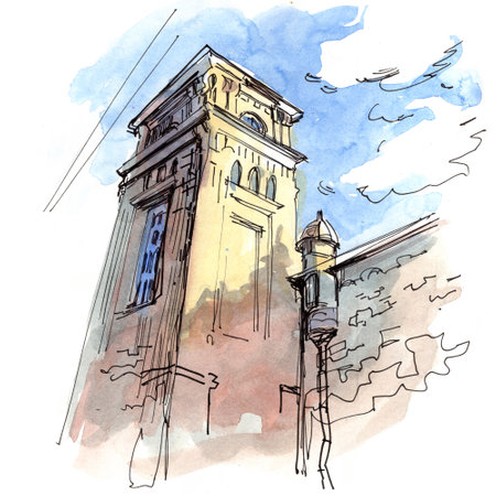 Painted watercolor landscape with a building in the foregroundの写真素材