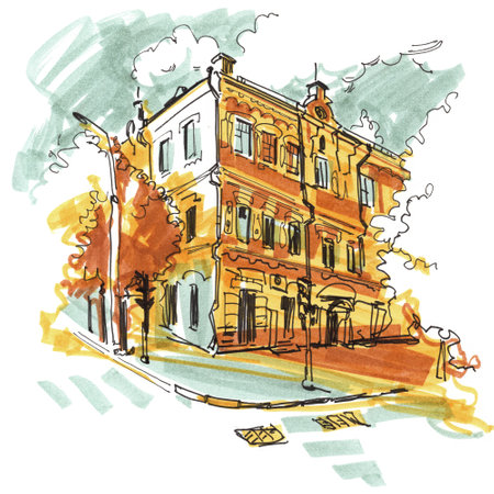Painted watercolor landscape with a building in the foregroundの写真素材