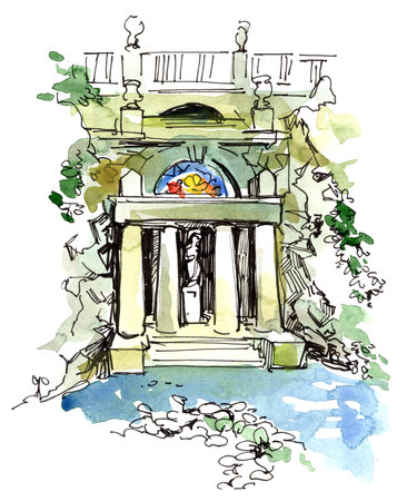 Painted watercolor landscape with a building in the foregroundの写真素材