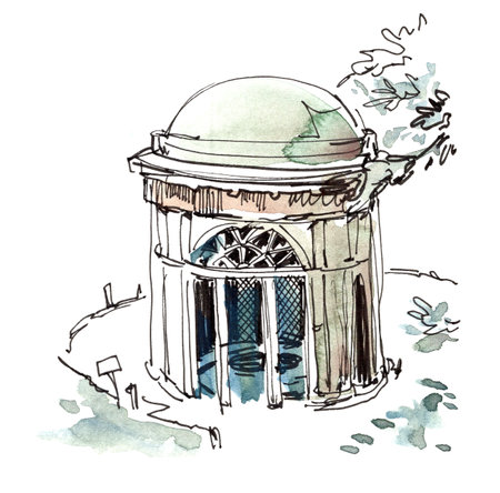 Painted watercolor landscape with a building in the foregroundの写真素材