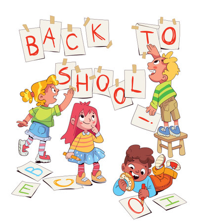Group of cheerful cartoon kids decorating a wall with letters for Back to Schoolのイラスト素材