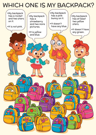 Logic puzzle for kids: read the clues and find which backpack belongs to each childのイラスト素材