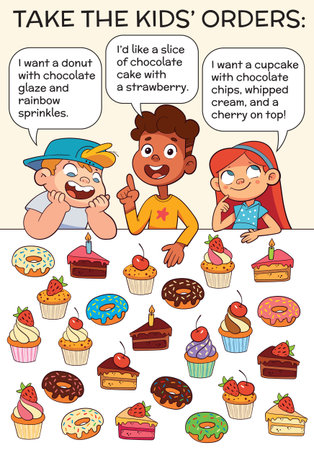 Read each child dessert order and find the matching sweet treat. Find the Match.のイラスト素材
