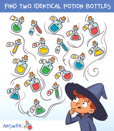 Find two identical potion bottles game for kids. Fun Halloween educational illustrationのイラスト素材