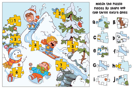 Match the puzzle pieces by shape and find three extra ones. Winter puzzle gameのイラスト素材