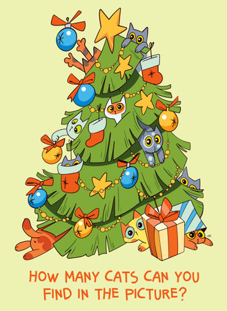How many cats can you find in the picture. Cute Christmas puzzleのイラスト素材