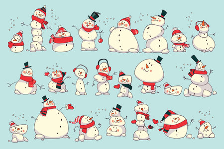 Cute cartoon snowmen collection. Retro styleのイラスト素材