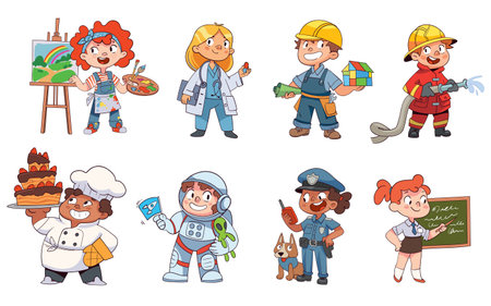 Cute cartoon children dressed as different professionals. Colorful job characters for kidsのイラスト素材