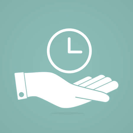 Open hand with clock linear icon. Thin line illustration. Time management. Contour symbol. Vectorのイラスト素材