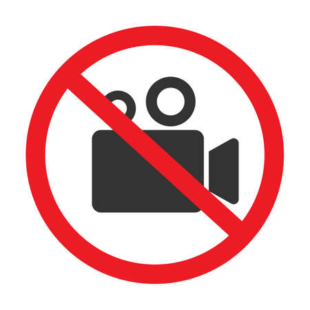 Stop or ban sign with camcorder icon isolated on white background. Video shooting is prohibited vector illustration.のイラスト素材