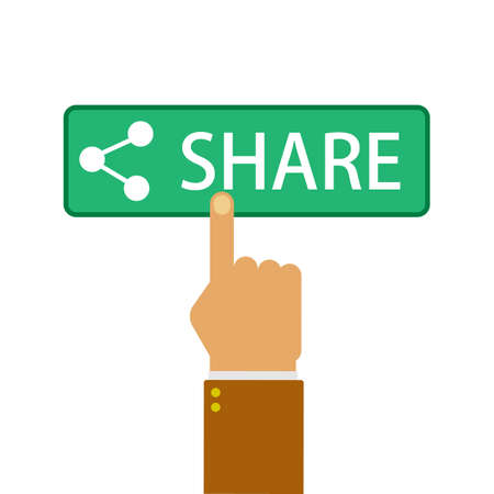 Sharing button. Hand pressing icon share. Vector illustration flat design. Isolated on white background. Gesture of finger pressing share button. Social media concept. Click connection.のイラスト素材